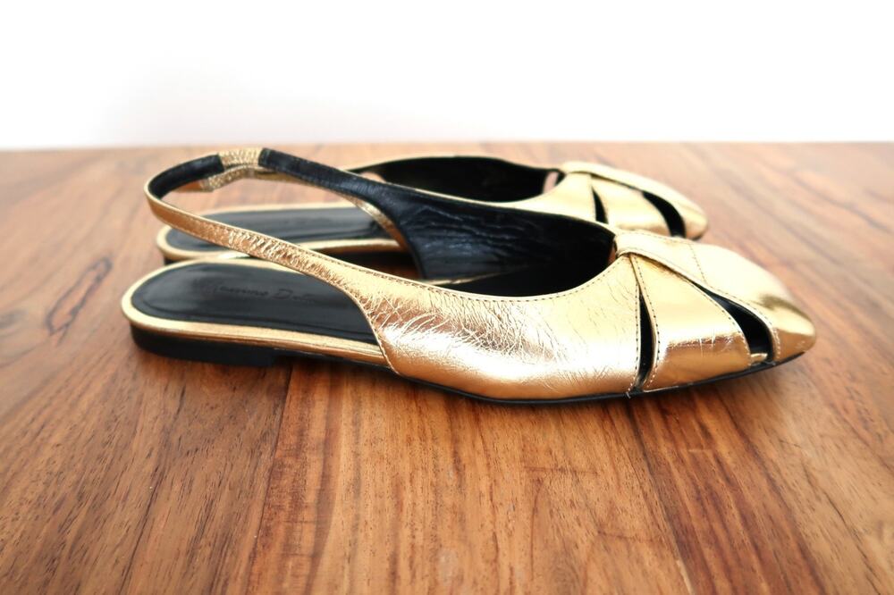 MASSIMO DUTTI Gold Leather Square Toe Leather Slingback Sandal Ballet Flat 39 9